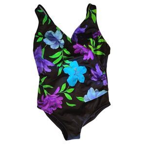 Croft & Barrow Black Purple Tropical One Piece Slimming Swimsuit Size 10 NWT